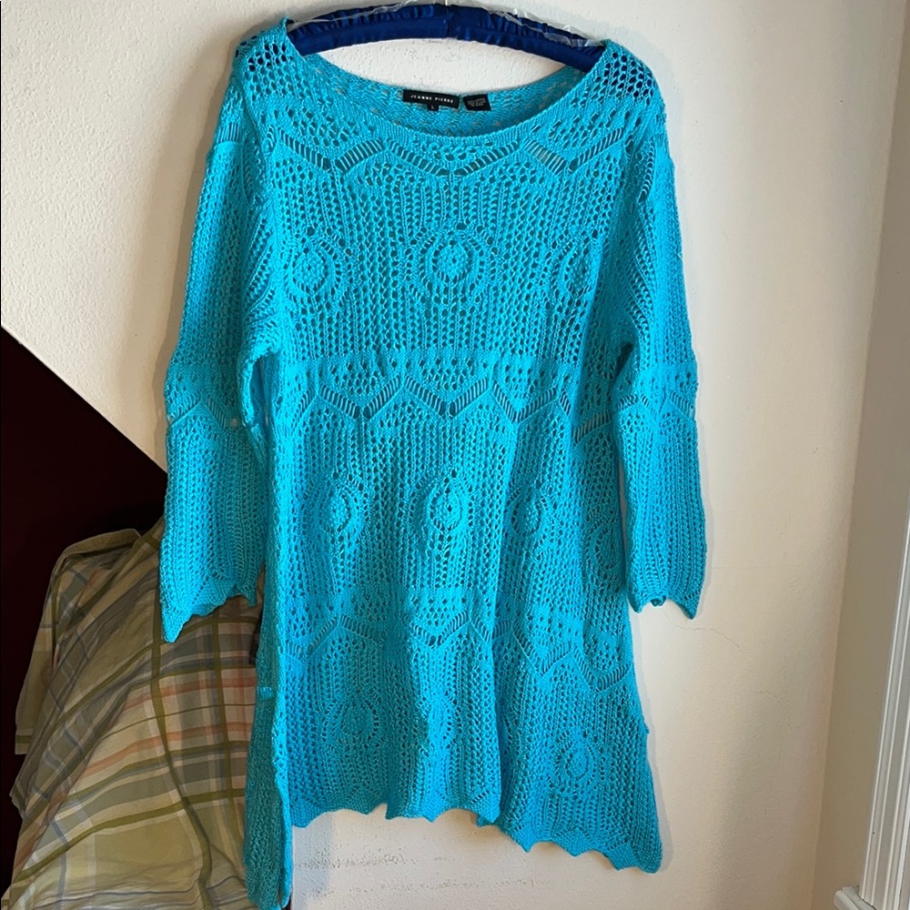 Jean Pierre Turquoise Blue Crochet Cotton Tunic Cover Up Dress L